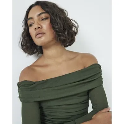 Khaki Long Sleeve Ruched Bardot Top sold by River Island