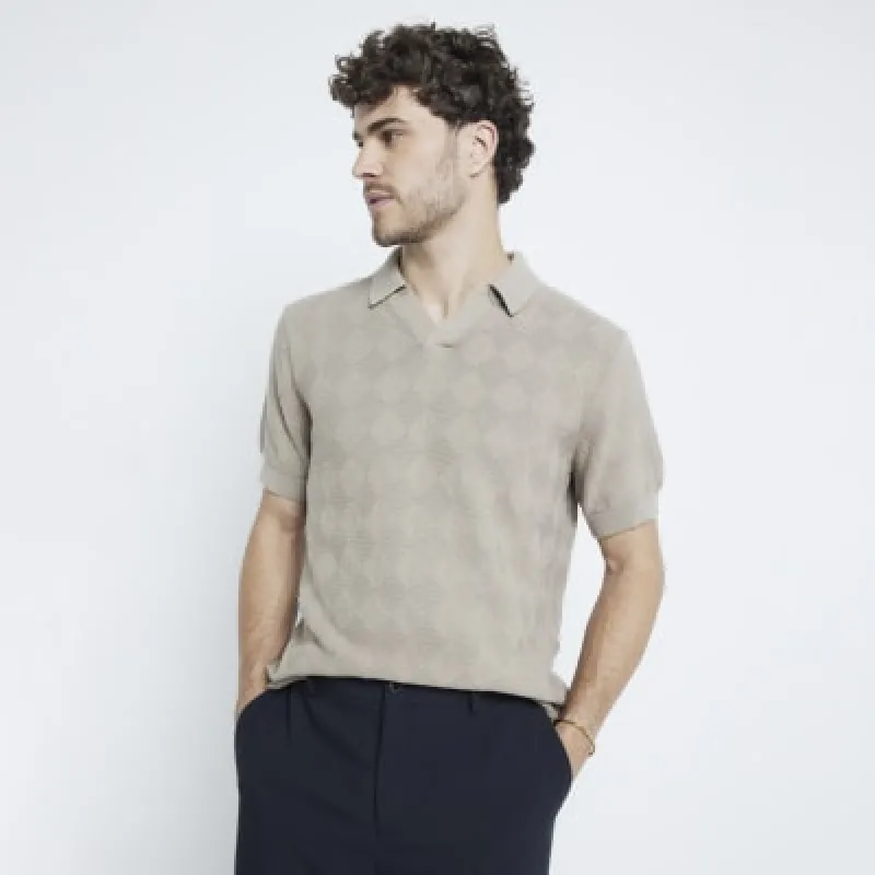 Stone Diamond Stitch Open Collar Polo Shirt sold by River Island