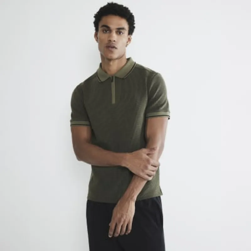 Khaki Slim Fit Geometric Zip Polo Shirt sold by River Island