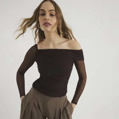 Brown Asymmetric Neck Ruched Mesh Top sold by River Island