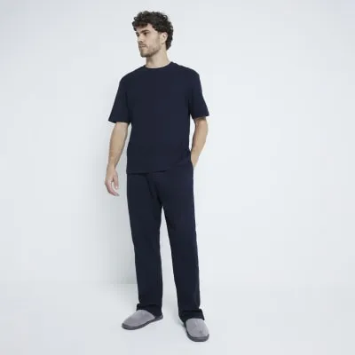 Navy Waffle T-Shirt And Trousers Pyjamas Set sold by River Island