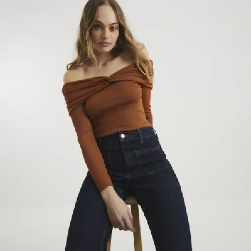 Rust Long Sleeve Ruched Bardot Top sold by River Island