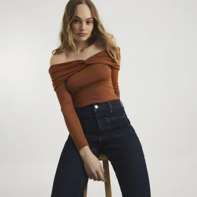 Rust Long Sleeve Ruched Bardot Top sold by River Island