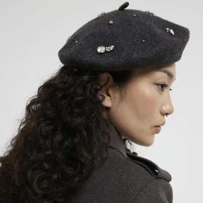 Grey Diamante Embellished Beret sold by River Island