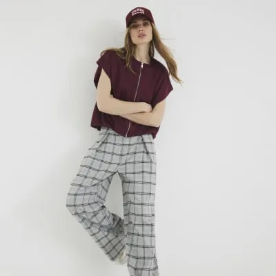 Grey Wide Leg Pleated Check Trousers sold by River Island