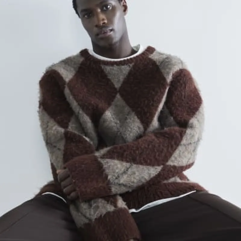 Rust Brushed Long Sleeve Argyle Jumper sold by River Island