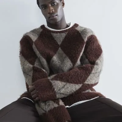 Rust Brushed Long Sleeve Argyle Jumper sold by River Island