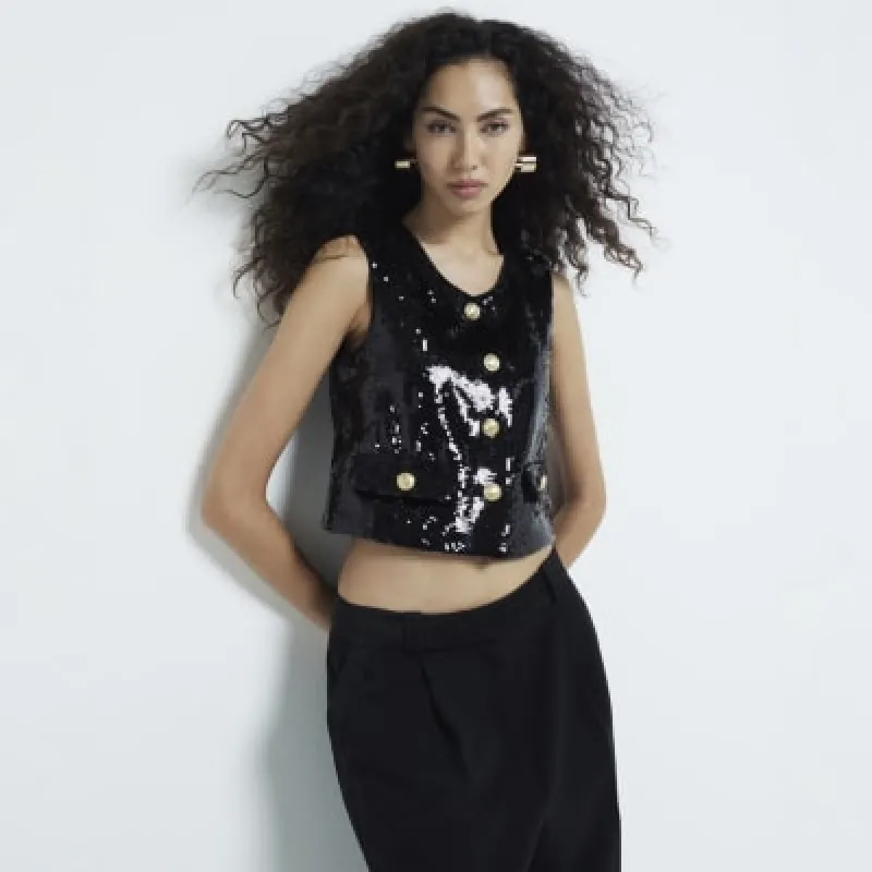 Black Sequin Collarless Button Waistcoat made by River Island