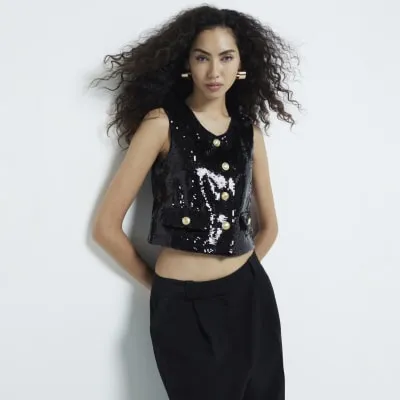 Black Sequin Collarless Button Waistcoat sold by River Island