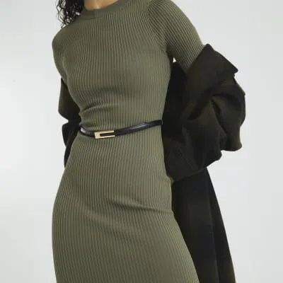 Khaki Long Sleeve Belted Midi Jumper Dress sold by River Island