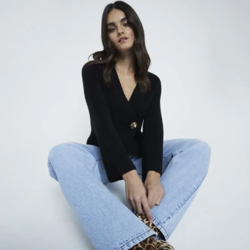 Black Asymmetric Button Up Cardigan sold by River Island