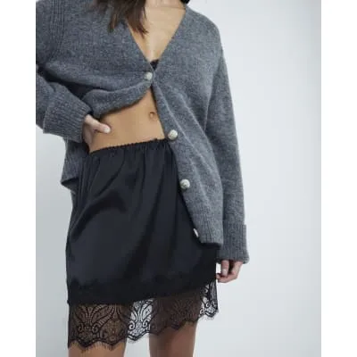 Black Lace Trim Satin Mini Skirt sold by River Island