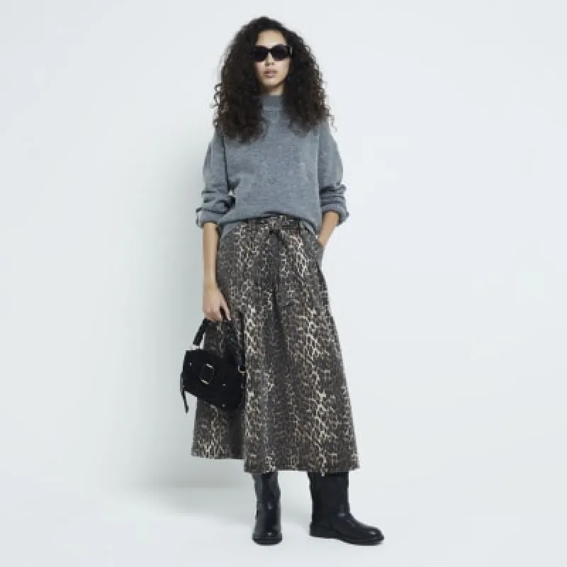 Brown Denim Leopard Print Full Midi Skirt made by River Island
