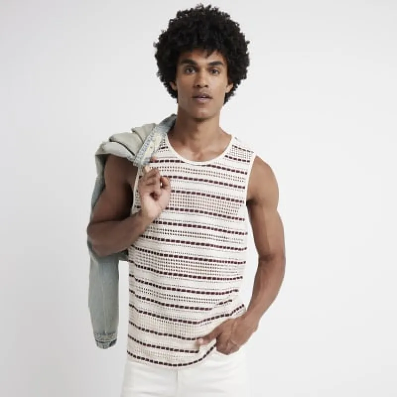 Ecru regular fit crochet stripe vest top sold by River Island