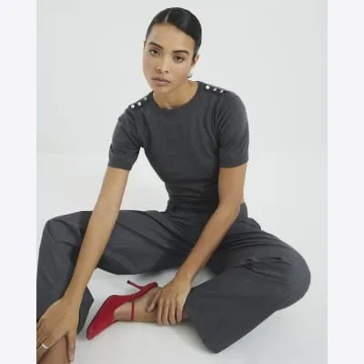 Grey Short Sleeve Button Knit Top sold by River Island