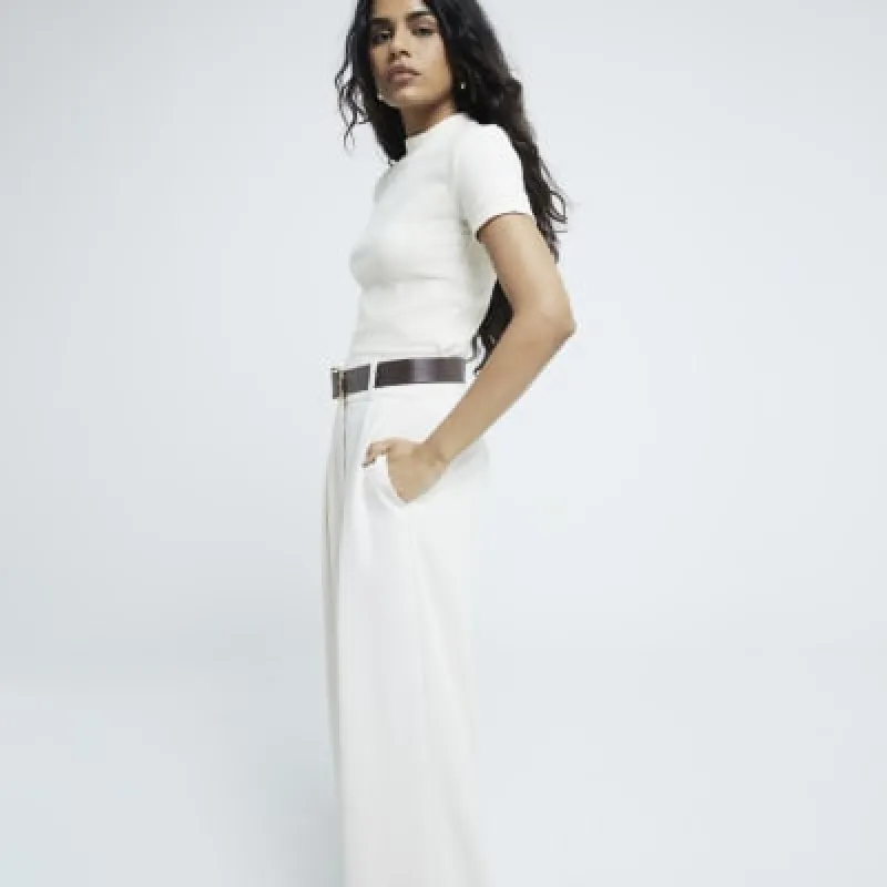 Petite Cream Belted Wide Leg Trousers sold by River Island