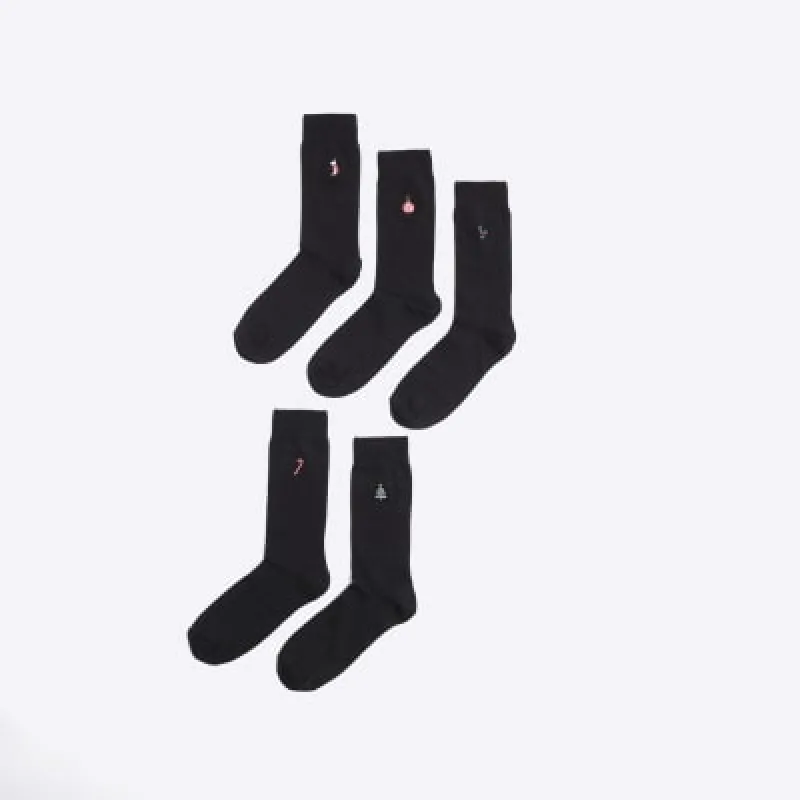 Black 5 Pack Christmas Embroidered Socks sold by River Island