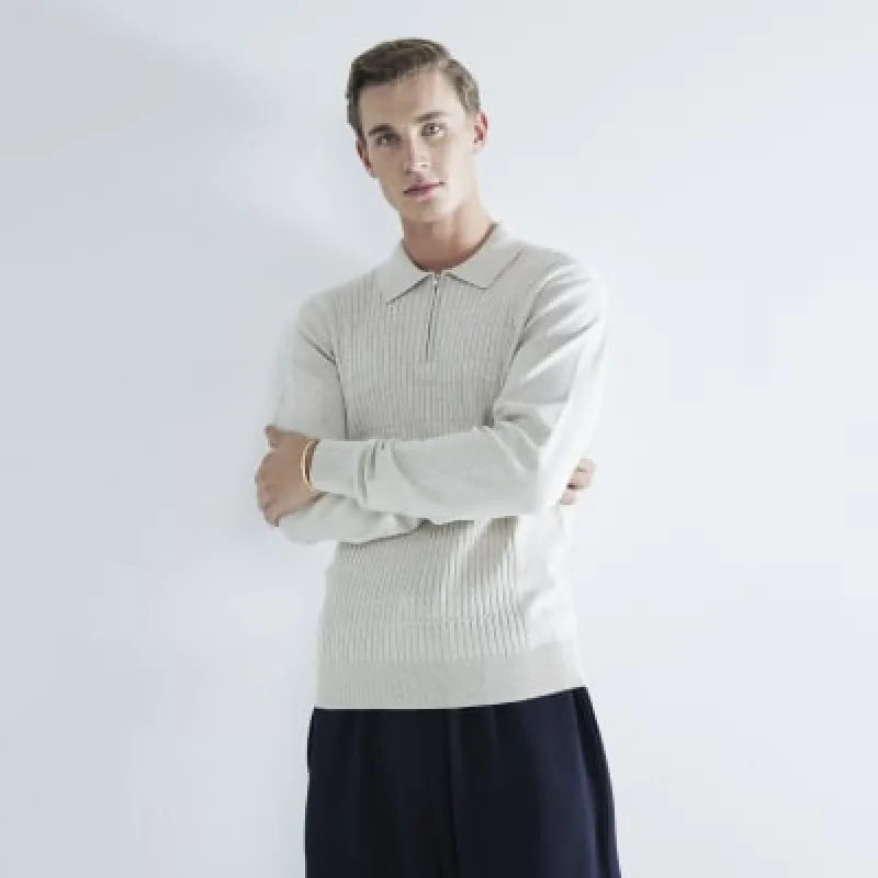 Beige marl long sleeve stretch textured polo sold by River Island