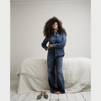 Blue Denim High Rise Relaxed Flare Jeans sold by River Island