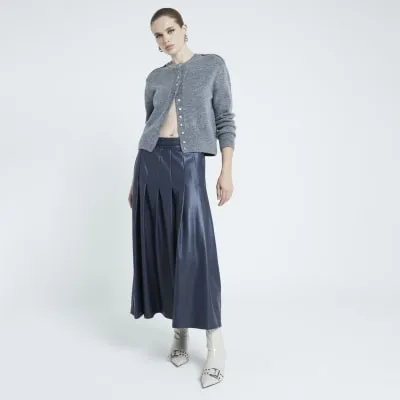 Navy Faux Leather Pleated Midi Skirt sold by River Island
