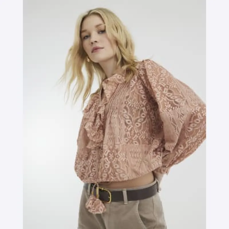 Pink Long Sleeve Lace Ruffle Top sold by River Island