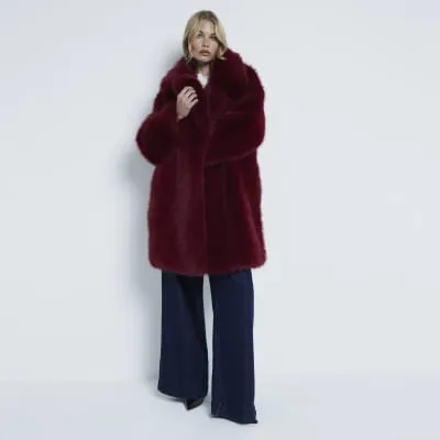 Red Faux Fur Mid Length Coat sold by River Island