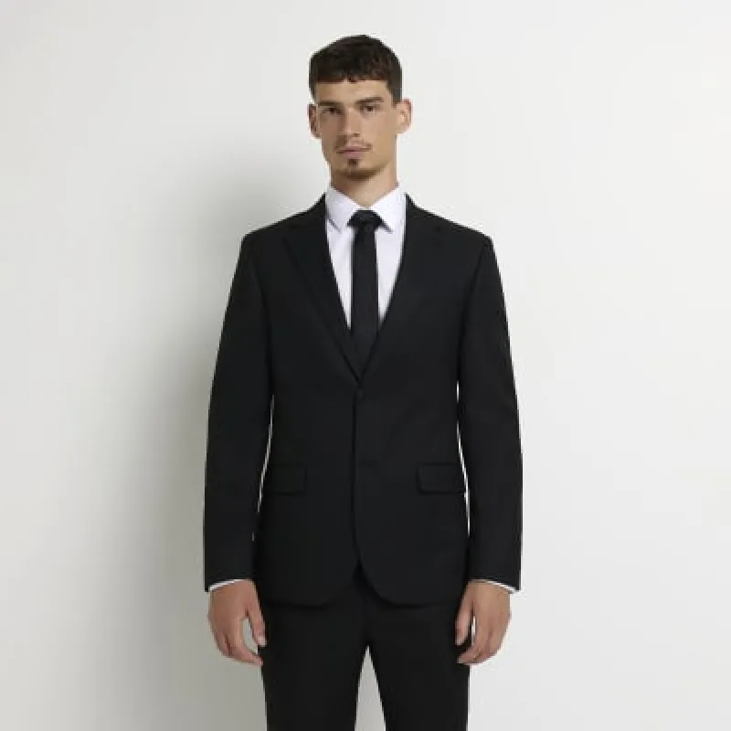 Black skinny fit twill suit jacket sold by River Island