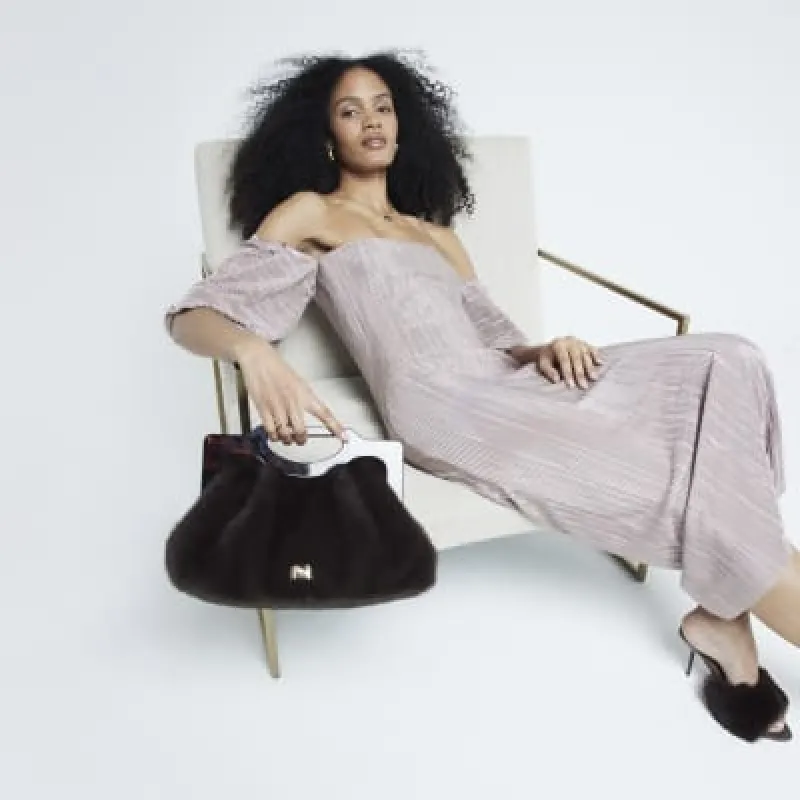 Brown Bardot Plisse Midi Dress sold by River Island