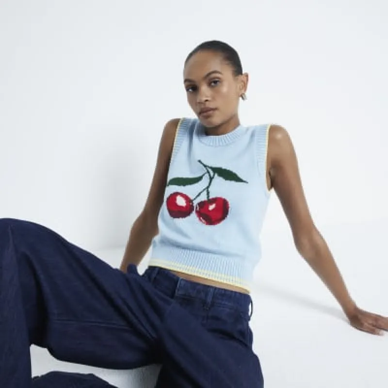 Blue Knitted Cherry Fruit Tank Top sold by River Island