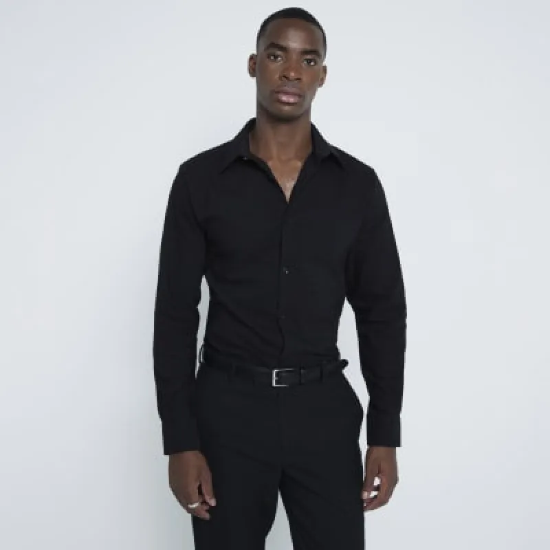 Black Slim Fit Jacquard Long Sleeve Shirt sold by River Island