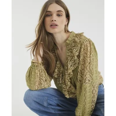 Green Long Sleeve Lace Ruffle Top sold by River Island