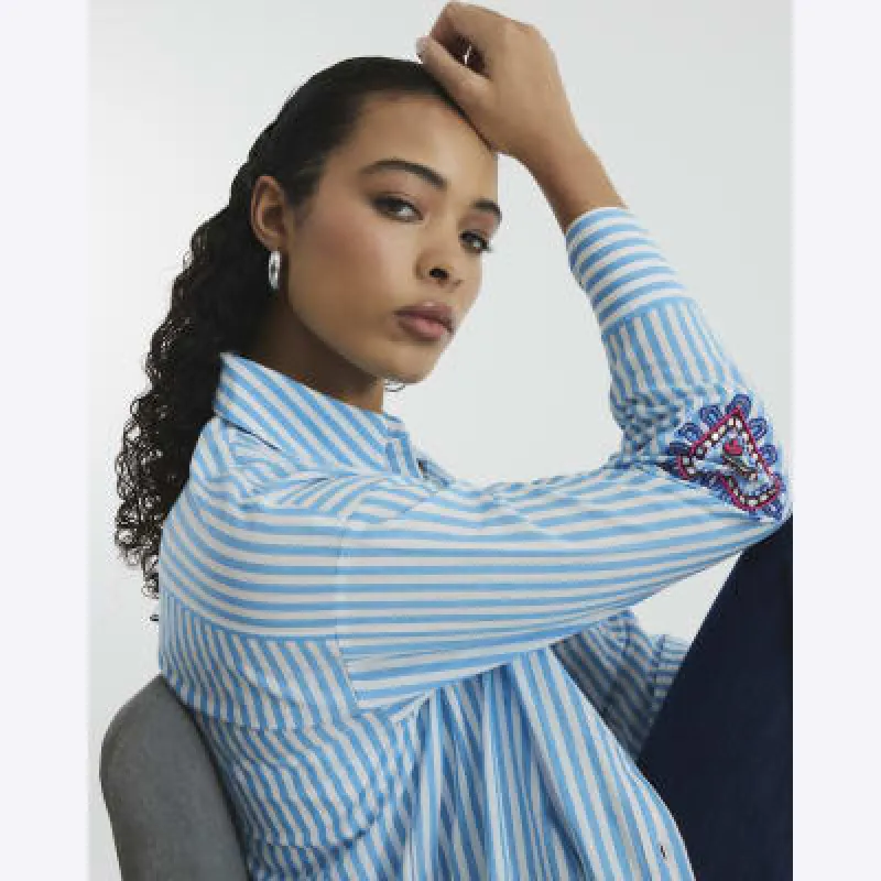 Blue Long Sleeve Embellished Stripe Shirt sold by River Island