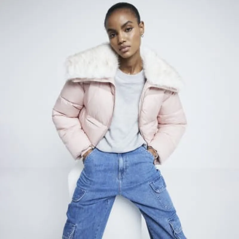 Pink Padded Faux Fur Trim Bomber Jacket sold by River Island