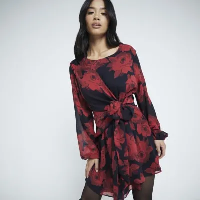 Petite Red Floral Tie Front Mini Dress sold by River Island