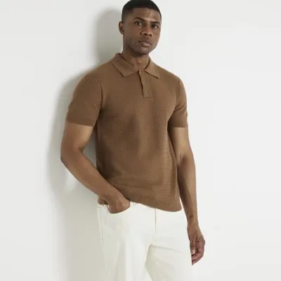 Brown slim fit textured knit polo sold by River Island