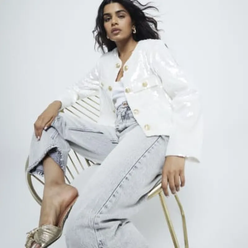 Petite Cream Collarless Sequin Button Jacket sold by River Island