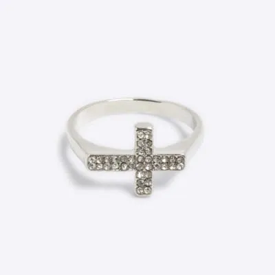 Silver Rhinestone Cross Ring sold by River Island