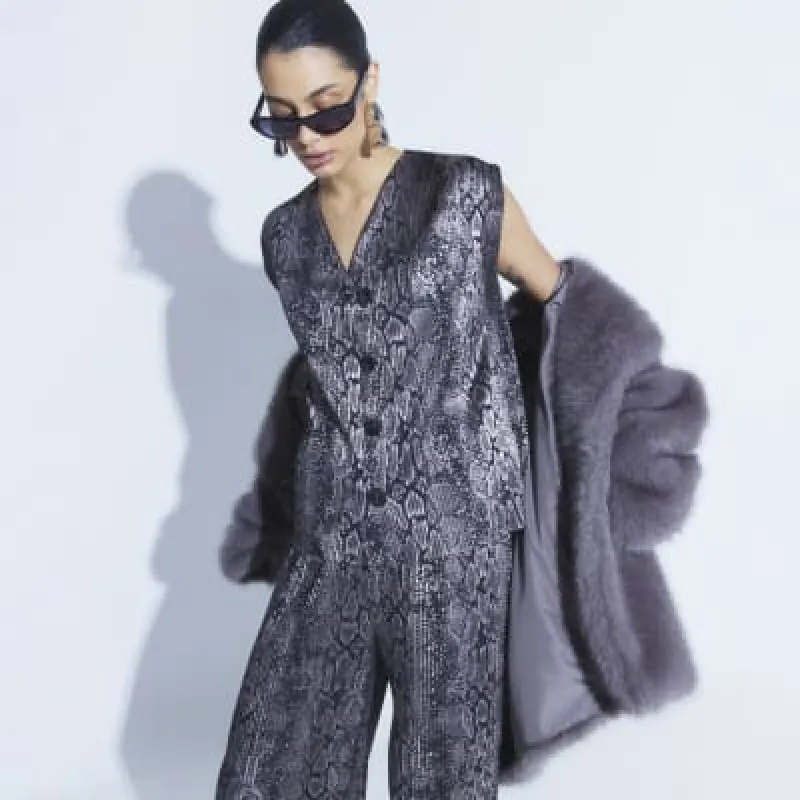 Black Metallic Snake Plisse Trousers sold by River Island