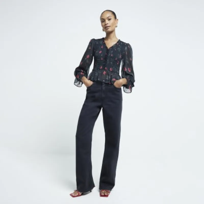 Black Floral Printed Shirred Top sold by River Island