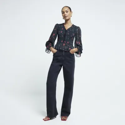 Black Floral Printed Shirred Top sold by River Island