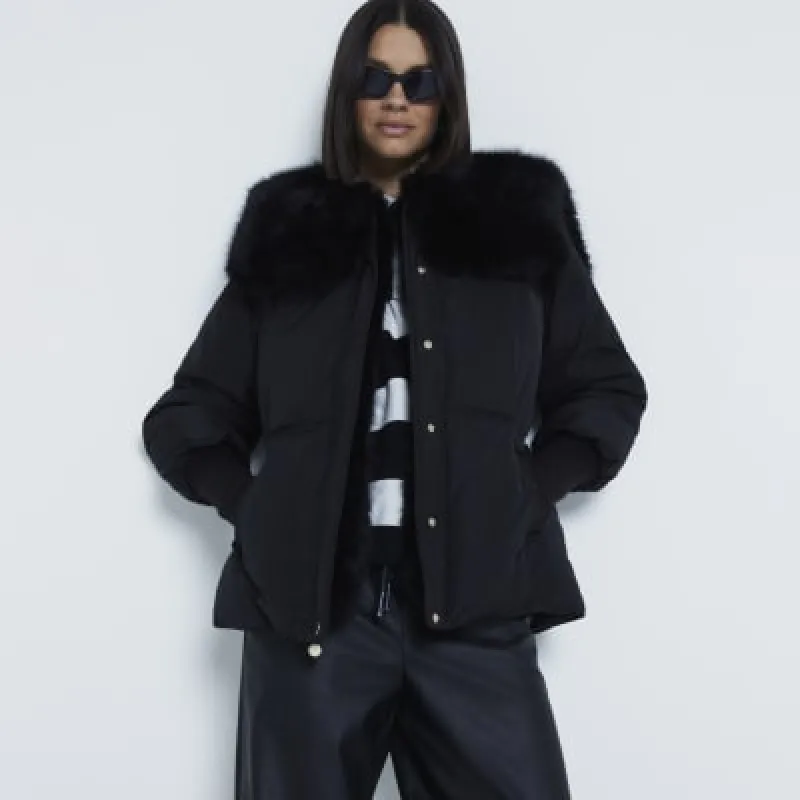 Black Faux Fur Collar Padded Jacket sold by River Island