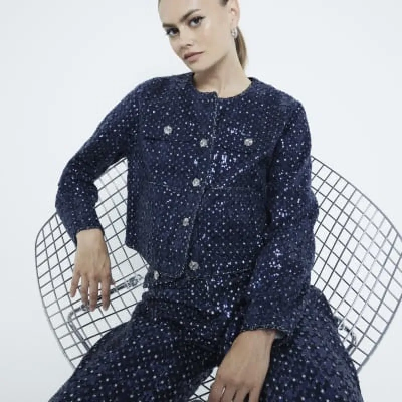 Blue Sequin Denim Trophy Jacket sold by River Island