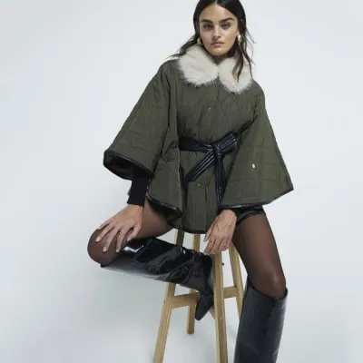 Khaki Quilted Faux Fur Collar Cape Jacket sold by River Island