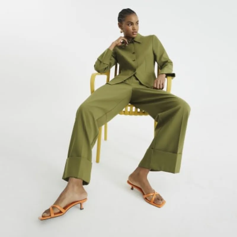 Khaki Pleated Wide Leg Trousers sold by River Island