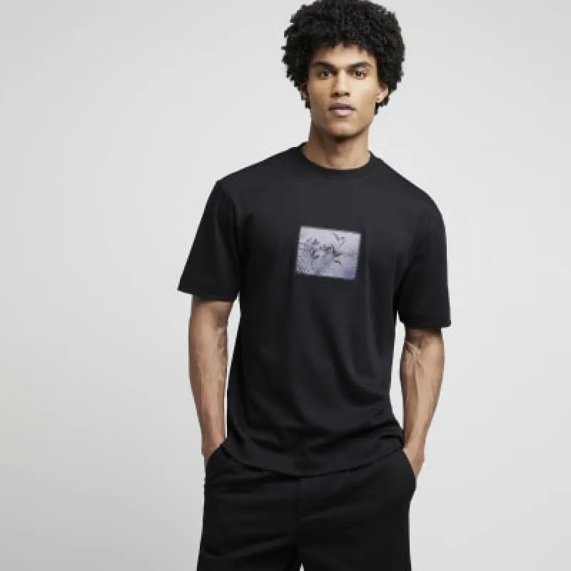 Black Regular fit patch print T-shirt sold by River Island