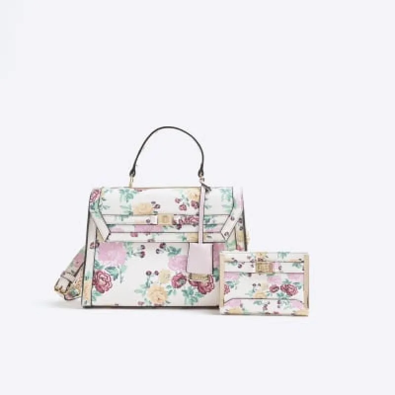 Cream Faux Leather Floral Charm Bundle Bag sold by River Island