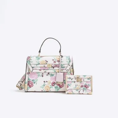 Cream Faux Leather Floral Charm Bundle Bag sold by River Island