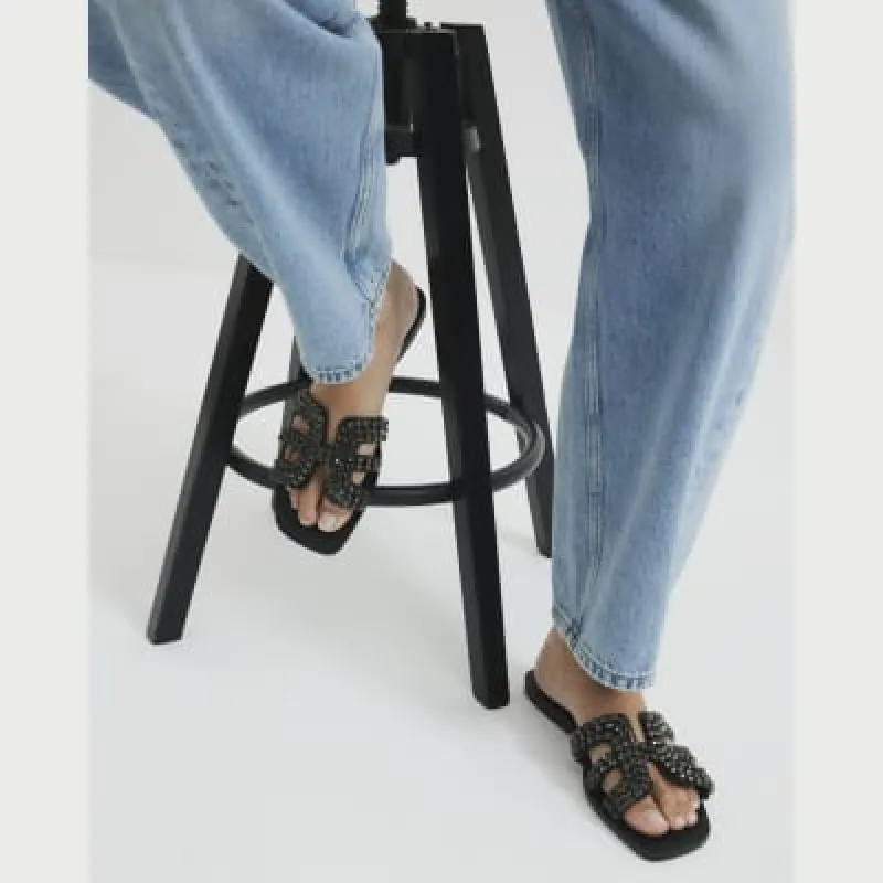 Black Diamante Cut Out Flat Sandals sold by River Island