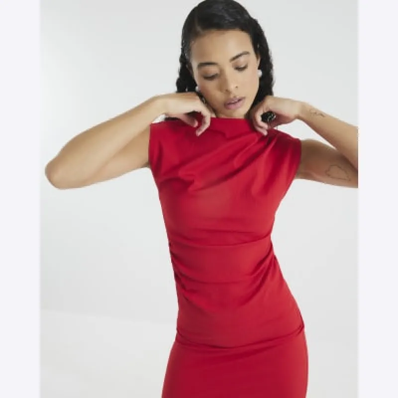 Red Short Sleeve Drape High Neck Top sold by River Island