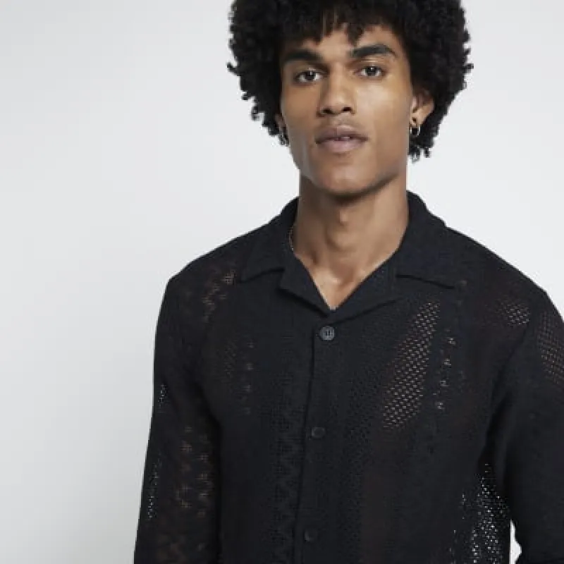 Black Long Sleeves Pointelle Stitch Shirt sold by River Island